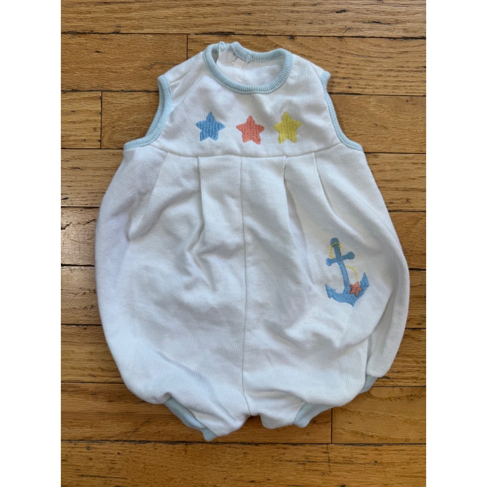 Alexis Baby Vintage White Nautical Bubble Romper Anchor Stars Blue Sleeveless